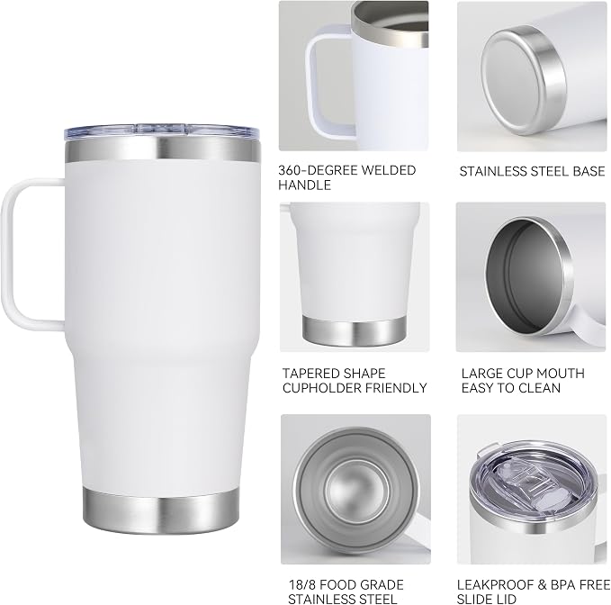 20 oz Stainless Steel Tumbler with Handle Metal Insulated Coffee Travel Mug with Handle Double Wall Tumbler Cup with Lid and Straw, White 1 Pack