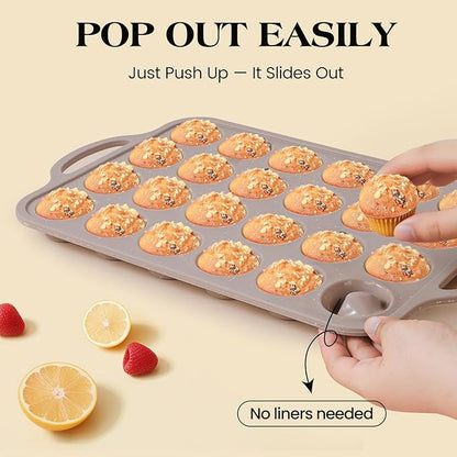 Vinino 2Pack Mini Silicone Muffin Pans for Baking with Metal Reinforced Frame, 24 Cups Mini Size Nonstick Cupcake Pan, BPA Free Oven Dishwasher Safe Baking Mold for Muffins Cupcakes