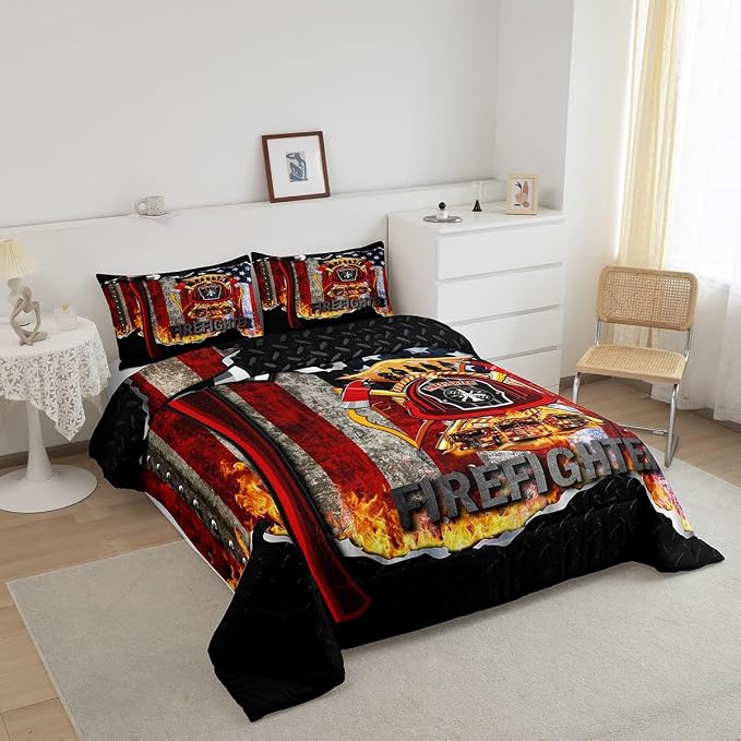 Manfei Fire Engine Red Axe Bed Comforter Set Queen Size,Firefighter Super Soft Microfiber Bedding Set for Girls Boys,American Flag Decorative Quilter Set