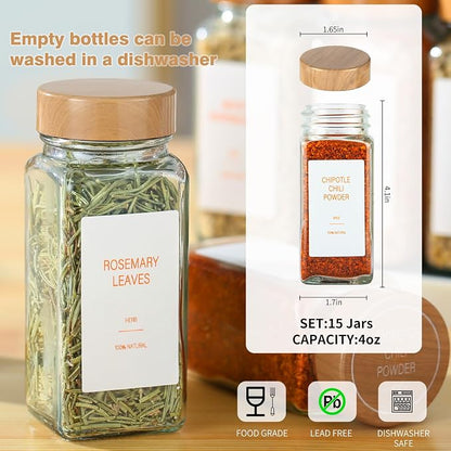 Spice Jars with Label，4oz Seasoning Containers, Glass Spice Bottles with Shaker Lids,Funnel, Chalk Pen (36)
