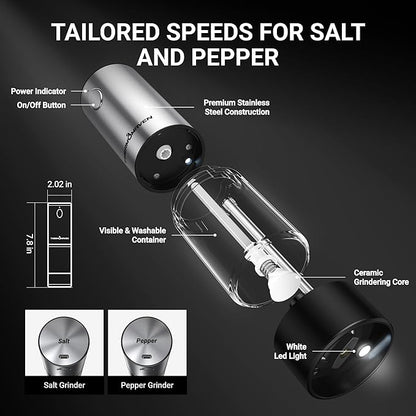 ThermoMaven Electric Salt and Pepper Grinder Set, 110ml Larger Rechargeable Automatic Salt and Pepper Mill Grinder with 6 Adjustable Coarseness, Electric Salt and Pepper Shakers, LED, 2 Packs, Black
