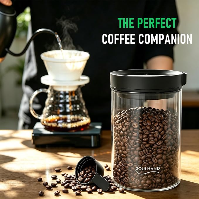 SOUL HAND Coffee Vacuum Canister, 1.6L Electric Auto Vacuum Seal Lid with Touch Screen, Airtight Glass Storage Jar for Coffee Bean Grounds & Food, 17oz
