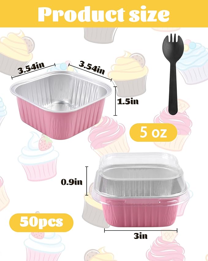 50 Pack 5oz Square Mini Cake Pans with Lids and Spoons,Aluminum Foil Baking Cups,Disposable Mini Loaf Pans Ramekins for Brownie, Cheesecake, Mousse & Wedding Party Favors-Pink