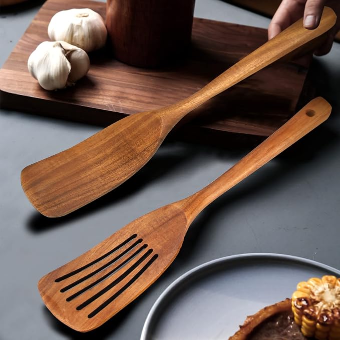 2 Pack Wooden Non Toxic Spatulas for Kitchen Utensils Set Acacia Wood Cooking Spatula Flat Wok Pancake Turner Bamboo Slotted Spoon for Cooking Utensil Spurtle Scraper Long Fish Egg Flipper Spatulas
