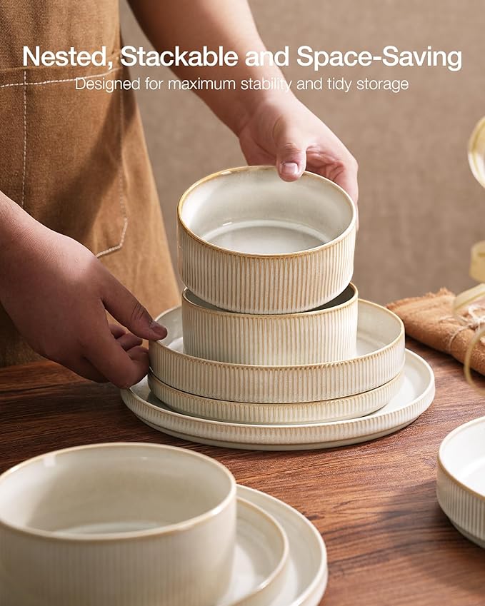 Famiware Star 8-Piece Stoneware Dinnerware Set for 4 – 10.5" Flat Dinner Plates & 23 oz Deep Cereal Bowls, Everyday & Formal Use, Chip & Scratch Resistant, Microwave/Dishwasher Safe, Cappuccino White