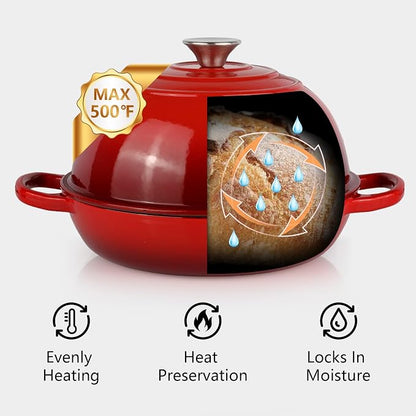 6QT Bread Dutch Oven Pot with Lid, Enameled Cast Iron Dutch Oven for Sourdough Bread Baking, Roasting, Stewing and Soup, Non-Stick Enamel Cookware for Oven/Stovetop, Perfect for Homemade Bread, Red