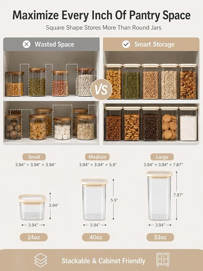 12pcs Square Glass Pantry Storage Containers Set with Glass Lids 0.76Qt/1.22Qt/1.67Qt - Airtight Stackable Kitchen Canisters Sets | 24floz / 40floz / 53floz Glass Pantry Storage Jars