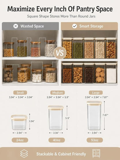 4pcs Square Glass Pantry Storage Containers Set with Glass Lids 1.22Qt - Airtight Stackable Kitchen Canisters Sets for Pasta, Cereal, Flour, Snacks | 40floz Glass Pantry Storage Jars
