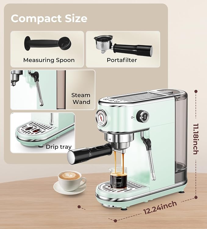 atatix 20 Bar Espresso Machine with Milk Frother, Compact Espresso Maker, Stainless Steel Coffee Machine with Precise Temp Control & 44oz Removable Water Tank for Latte, Cappuccino, Light Green