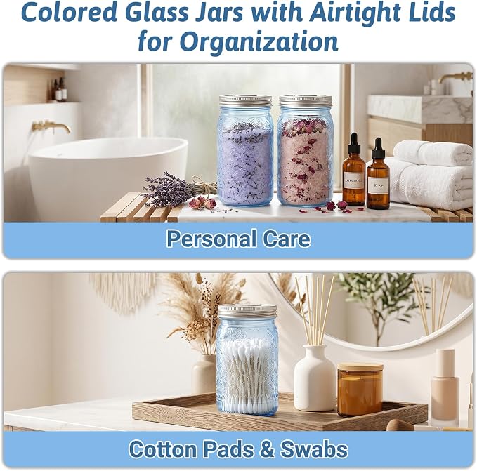 Blue Mason Jars 32 oz with Stainless Steel Leakproof Lids, 2 Pack Wide Mouth Colored Glass Jars for DIY Crafts, Wedding Centerpieces, Home Decor, Flower Vase, Bathroom Storage