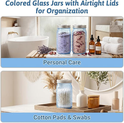 Blue Mason Jars 32 oz with Stainless Steel Leakproof Lids, 2 Pack Wide Mouth Colored Glass Jars for DIY Crafts, Wedding Centerpieces, Home Decor, Flower Vase, Bathroom Storage