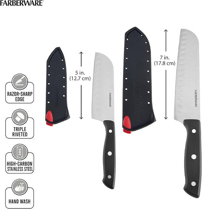 Farberware Edgekeeper Self-Sharpening Triple Riveted Santoku Knife Set, 4-Piece, Black