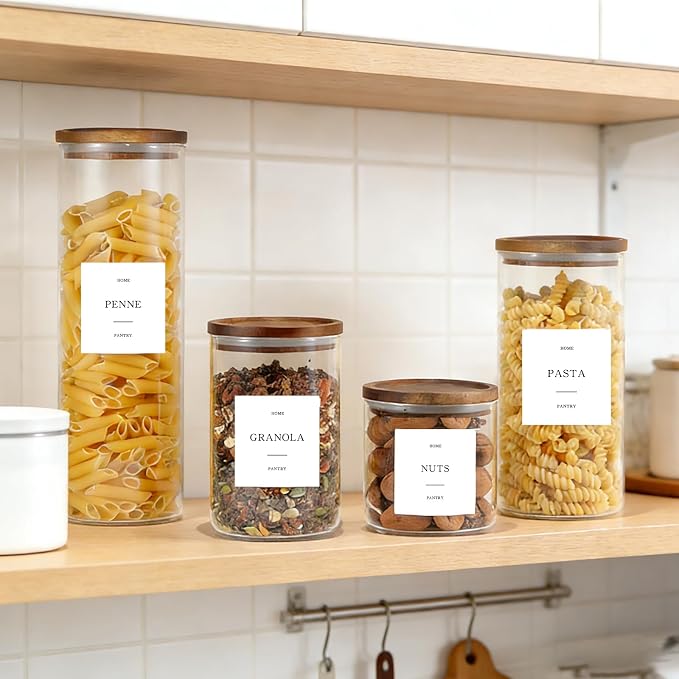 Set of 3 Glass Pantry Jars with Acacia Wood Lids, 65oz Airtight Pasta Organizers with 105 Labels, Tall Glass Pantry Storage Containers for Cereal, Spaghetti, Pasta Canisters