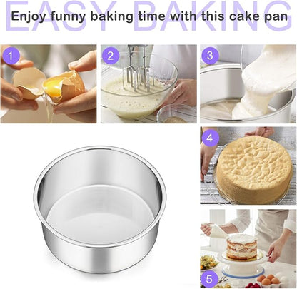 P&P CHEF 6 Inch Cake Pans Set, Round Baking Pan Stainless Steel Layer Birthday Wedding Cake Oven Pans, Non Toxic & Heavy Duty, Deep Side & Mirror Finish, Dishwasher Safe, (3Pcs)