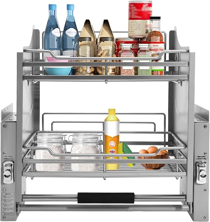 2-Tier Cabinet Pull-Down Shelf, Heavy Duty Space-saving Cabinet Organizer Dual Tier Wall Mounted Pantry Storage Stainless Steel Pull-Down Organizers for 22.13-22.44 Inch Interior Width Cabinet