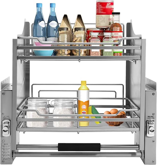 2-Tier Cabinet Pull-Down Shelf, Heavy Duty Space-saving Cabinet Organizer Dual Tier Wall Mounted Pantry Storage Stainless Steel Pull-Down Organizers for 22.13-22.44 Inch Interior Width Cabinet