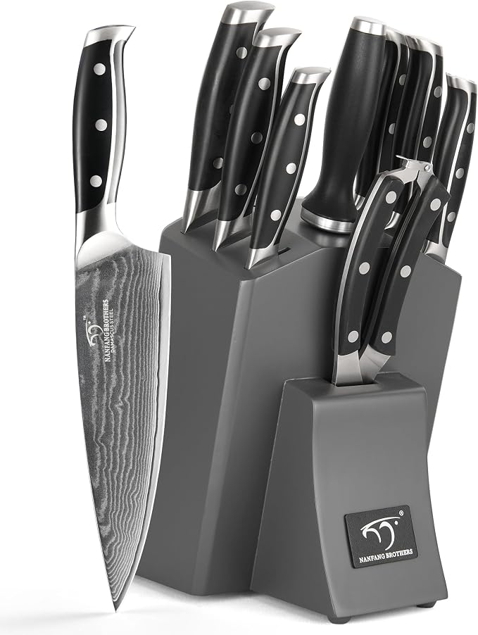 Damascus Kitchen Knife Set with Block, 9-Piece 67-Layer VG10 Damascus Steel Knife Set with Triple-Rivet Handles, Chef, Santoku, Utility, Bread & Paring Knives, Sharpener, Shears, Grey