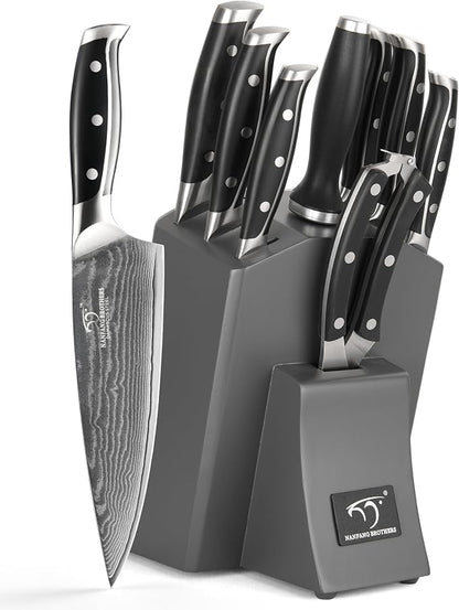Damascus Kitchen Knife Set with Block, 9-Piece 67-Layer VG10 Damascus Steel Knife Set with Triple-Rivet Handles, Chef, Santoku, Utility, Bread & Paring Knives, Sharpener, Shears, Grey