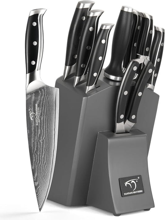 Damascus Kitchen Knife Set with Block, 9-Piece 67-Layer VG10 Damascus Steel Knife Set with Triple-Rivet Handles, Chef, Santoku, Utility, Bread & Paring Knives, Sharpener, Shears, Grey