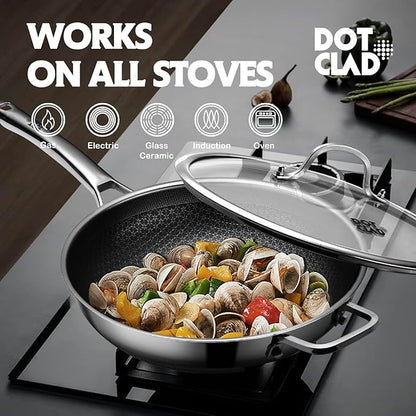 DOTCLAD 13 Inch Hybrid Stainless Steel Wok with Lid and Steamer Basket, Non Stick Stir Fry Pan, PFOA-Free, Works on Induction, Dishwasher & Oven Safe