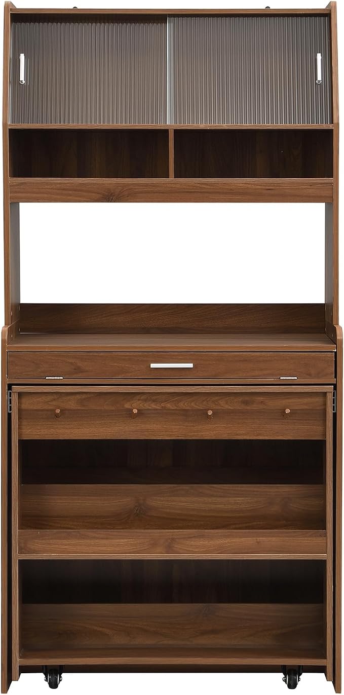 VilroCaz Multifunctional 69" Height Kitchen Pantry with Hutch and Foldable Dining Table, Freestanding Cupboard Cabinet with Storage Shelf and Side Hooks for Small Places (Walnut-5.8)