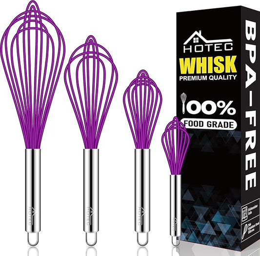 HOTEC 4 Pieces Silicone Whisks Set, Wire Balloon Whisks for cooking Egg Beater, Non-slip Handle Whisk for Non-stick Cookware Perfect for Cooking, Stirring, Beating and Blending,Purple