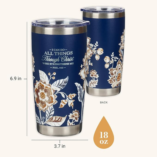 Christian Art Gifts Stainless Steel Scripture Tumbler Travel Mug for Women: All Things Through Christ Inspirational Bible Verse, Double-wall Vacuum Insulated w/Lid Hot/Cold, Navy Blue Floral, 18oz.