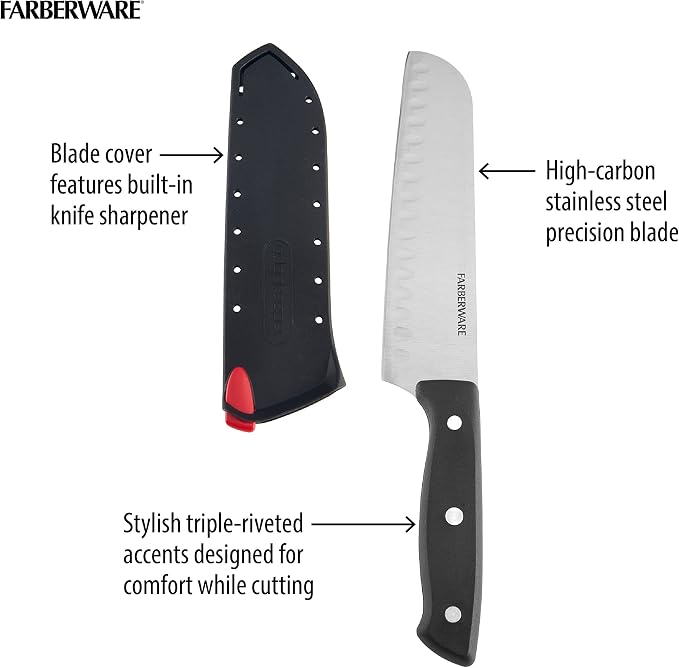 Farberware Edgekeeper Self-Sharpening Triple Riveted Santoku Knife Set, 4-Piece, Black