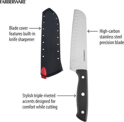 Farberware Edgekeeper Self-Sharpening Triple Riveted Santoku Knife Set, 4-Piece, Black