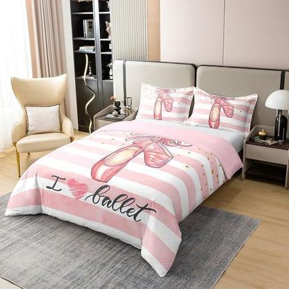 Ballet Shoes 100% Natural Cotton Duvet Cover Set King Size Pink White Stripes Comforter Cover with 2 Pillowcases Glitter Polka Dot Pattern Bedding Set for Bedroom Birthday Gifts(No Filler)