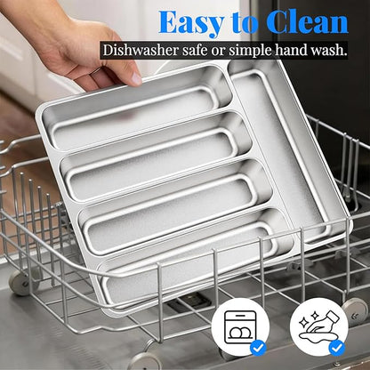 IKOCO Silverware Organizer Stainless Steel Utensil Drawer Organizer with 5 Compartments for Kitchen, Dishwasher Safe, Holds Spoons Forks Knives (13.8" x 11.4" x 1.6", Silver)