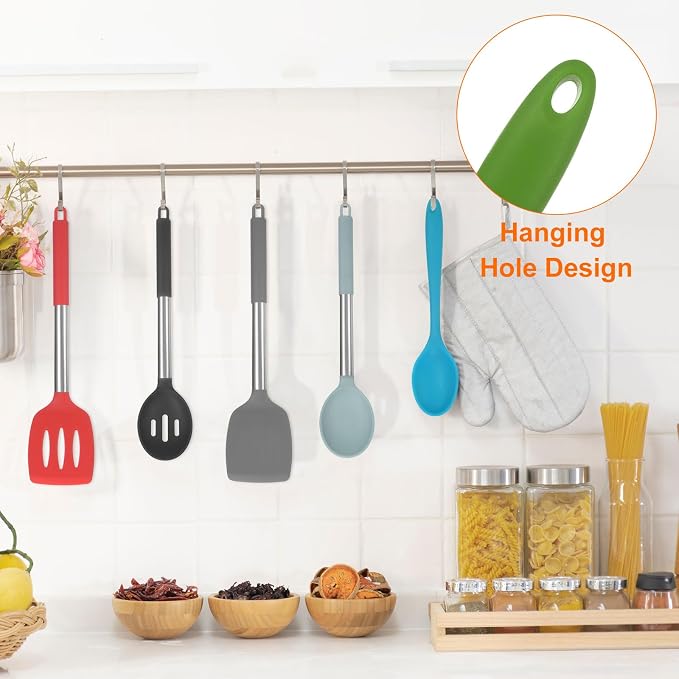 HARFINGTON 2Pcs Silicone Spoons, Heat Resistant Kitchen Cooking Utensil Spoon for Cooking, Mixing, Stirring and Serving, Olive