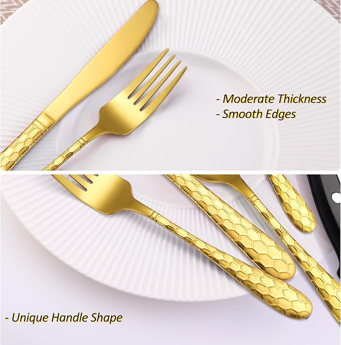 30 Pcs Gold Hammered Silverware Set Service for 6,with Steak Knives Stainless Steel Flatware Set,Mirror Cutlery Utensil,Durable Kitchen Tableware,Ripple Teardrop Fork Knife Spoon,Dishwasher Safe