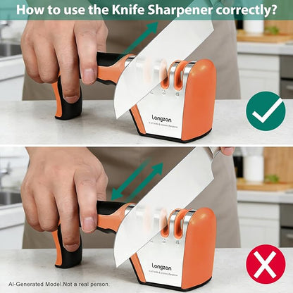 Longzon 5-in-1 Knife Sharpener 4 Stage with Cut-Resistant Glove, Quickly Sharpens & Restores Dull Blades, Easy & Safe for Home Kitchen Use, Fits Most Knives and Scissors, Black+Orange