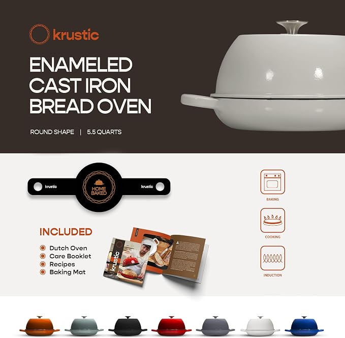 Krustic Enameled Cast Iron Dutch Oven for Sourdough Bread Baking | 6 Quart Round Pot with Lid | 10 Inch Ceramic Enamel Thick Coated Cookware Set with Non Stick Silicone Baking Mat for Cooking | 6 Qt | White