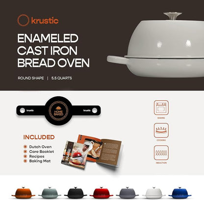 Krustic Enameled Cast Iron Dutch Oven for Sourdough Bread Baking | 6 Quart Round Pot with Lid | 10 Inch Ceramic Enamel Thick Coated Cookware Set with Non Stick Silicone Baking Mat for Cooking | 6 Qt | White