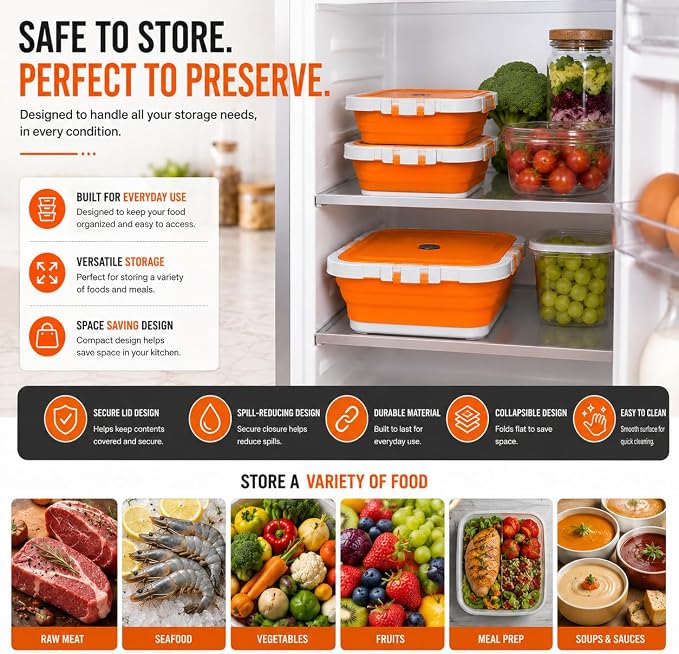 Pamper Paws 2-pack XL Collapsible BBQ Prep Tub with Cutting Board – Foldable Food Prep Container for Outdoor Cooking & Kitchen Use – Space Saving Collapsible Wash Tub, Portable BBQ Prep Tub (Orange)