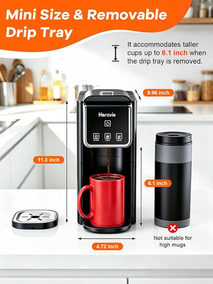 Horavie Single Serve Coffee Maker, Hot & Iced Coffee Maker for K-Pod and Grounds, Strong Brew Setting, 6-12 oz Brew Sizes One Cup Coffee Machine, Black