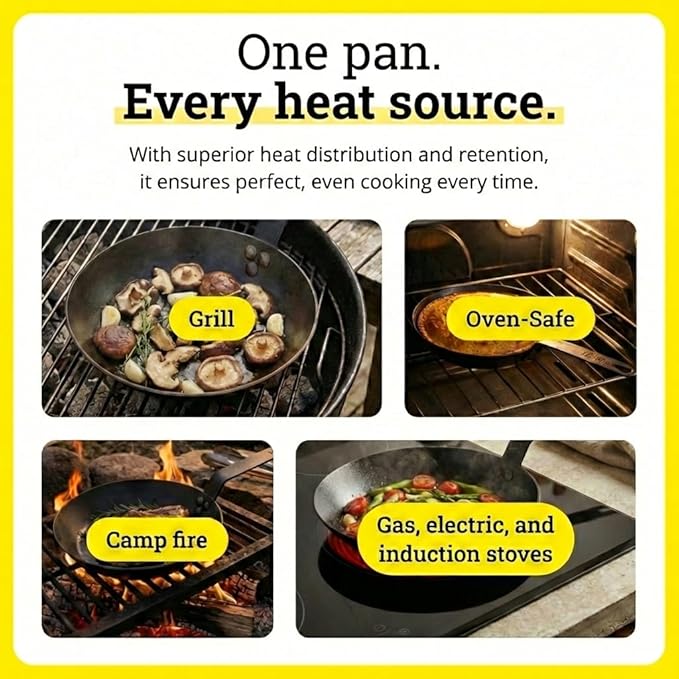 Lodge 12 Inch Carbon Steel Skillet - PFAS-Free Pre-Seasoned Carbon Steel Frying Pan for High-Heat Searing - Long Handle Design for Omelets, Grilling, and Campfire Cooking, Black - Made in the USA