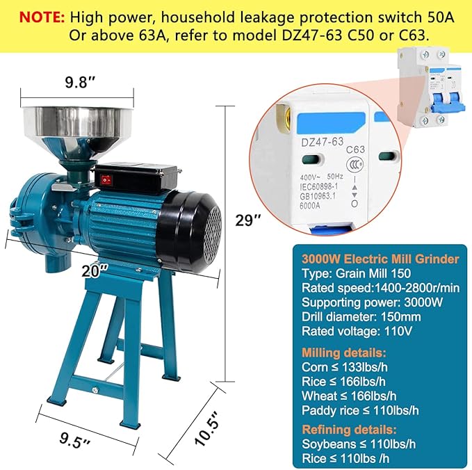 Slsy Heavy Duty Electric Wet & Dry Grain Mill Grinder, 3000W High Power Milling Machine, 110V Commercial Grain Grinder for Corn, Wheat, Rice, Soybeans, Feed