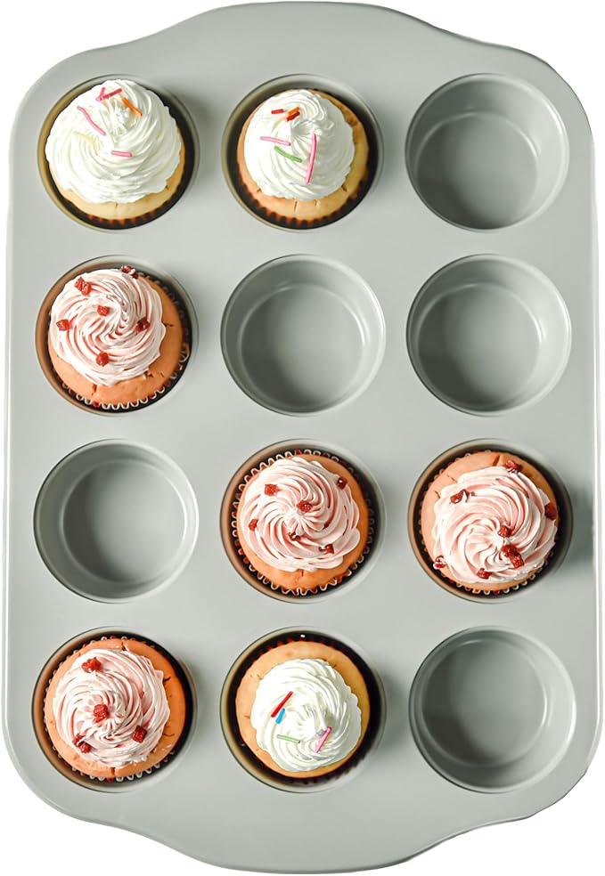 12-Cavity Muffin Pan, Nonstick Ceramic Cupcake Pan, Heavy-Duty 0.6mm Carbon Steel, Easy-Release Bakeware for Home Bakers & Holiday Treats, Grey