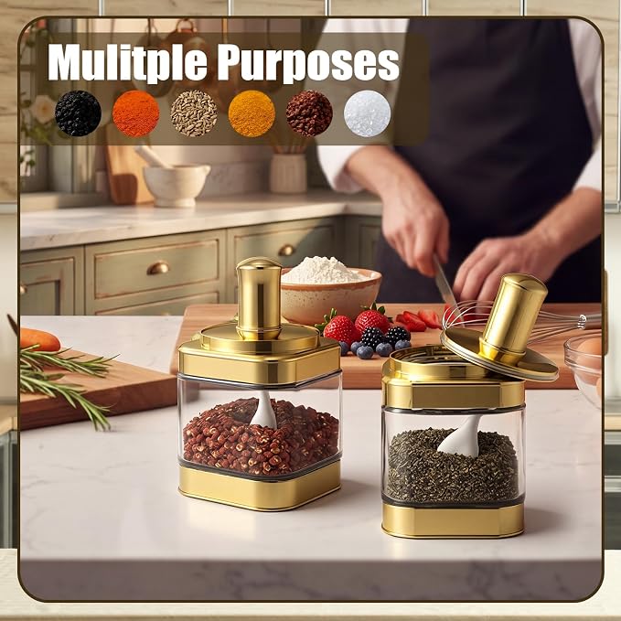 LemonRoad 6 Pack Gold Glass Condiment Pot, 12 Ounce Gold Spice Jars with Spoons and Lids, Seasoning Box Set Salt Container, Sugar Dispenser, Kitchen Containers for Flour and Sugar