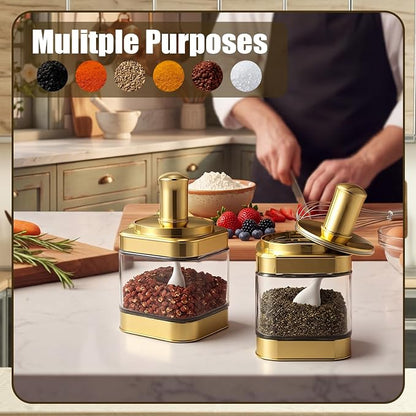 LemonRoad 6 Pack Gold Glass Condiment Pot, 12 Ounce Gold Spice Jars with Spoons and Lids, Seasoning Box Set Salt Container, Sugar Dispenser, Kitchen Containers for Flour and Sugar