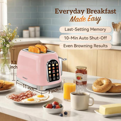 RONGBEST Retro Toaster 2 Slice Stainless Steel with Wide Slot Touchscreen for Breakfast Bagel & Bread, Reheat & Defrost, 6 Browning Levels, Removable Crumb Tray, Blush Pink