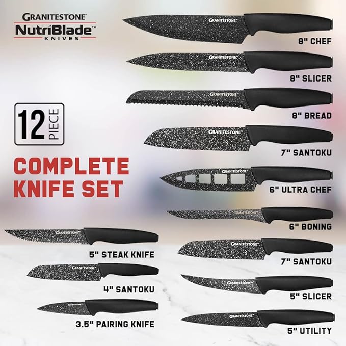 Granitestone Nutriblade 12-Piece Santoku Knives, High Grade Professional Chef Kitchen Knives with Easy-Grip Handles, Stainless Steel Rust-proof blades – Dishwasher-safe As Seen On TV