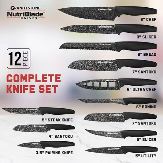Granitestone Nutriblade 12-Piece Santoku Knives, High Grade Professional Chef Kitchen Knives with Easy-Grip Handles, Stainless Steel Rust-proof blades – Dishwasher-safe As Seen On TV