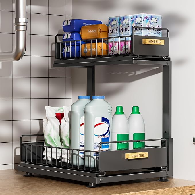 Under Sink Organizer, High Adjustable 2 Tier Under Kitchen Sink Organizer, Multi-Purpose Storage Shelf for Kitchen Bathroom Cabinet, Black