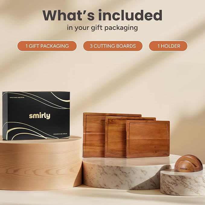 SMIRLY Teak Wood Cutting Board for Kitchen - Wood Cutting Boards for Meal Prep, Serving, Charcuterie - Kitchen Gadgets, House Warming Gifts - Wooden Chopping Board Set of 3 with Holder