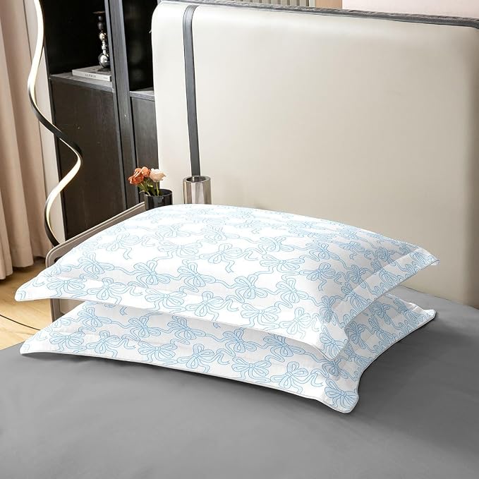 Castle Fairy Full Size Duvet Cover Set Blue Bowknot Comforter Cover Set 100% Pure Cotton Coquette Bowtie Ribbon Duvet Cover Set (No Filler) Dreamy Princess Style Cute Bow Bedding Set 3 Pcs