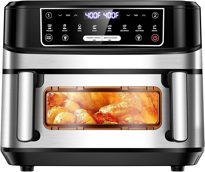 Emphsism 12QT Large Dual Zone Air Fryer with Divider, Match Cook & Smart Finish, Air Fry/Roast/Bake/Toast/Dehydrate/Reheat/Keep Warm/Preheat, Nonstick Dishwasher-Safe Basket, Digital Touchscreen